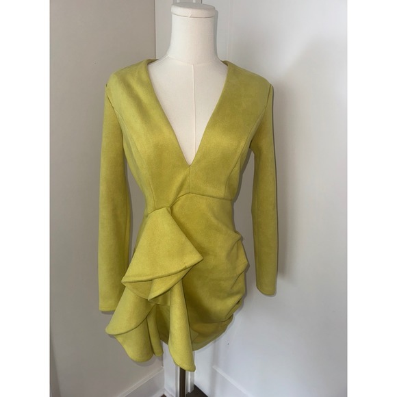 Fashion Nova Dresses & Skirts - Fashion Nova Lime Green Ruched Bodycon Mini Dress Long Sleeve V Neck Size Medium